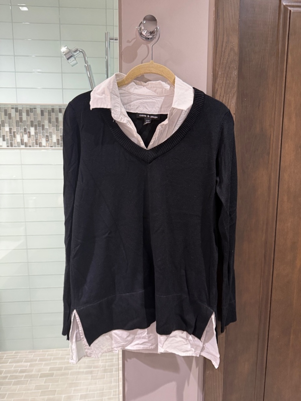 Cable & Gauge Black V-Neck Sweater with White Shirt Detail